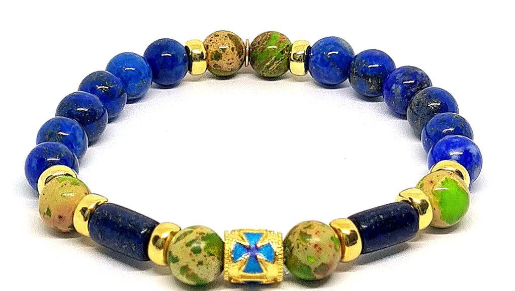 AEGEAN Silver 925 Bracelet, Gold plated, Jasper Green cross lapis stone 8mm | Castello Jewels