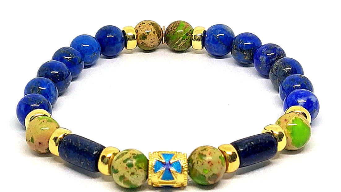 AEGEAN Silver 925 Bracelet, Gold plated, Jasper Green cross lapis stone 8mm | Castello Jewels