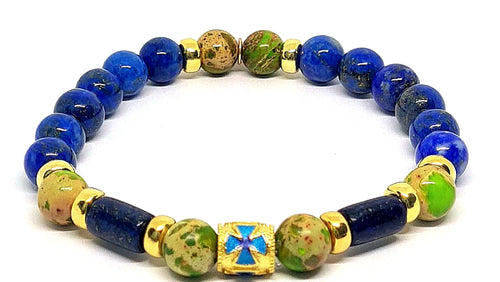 AEGEAN Silver 925 Bracelet, Gold plated, Jasper Green cross lapis stone 8mm | Castello Jewels