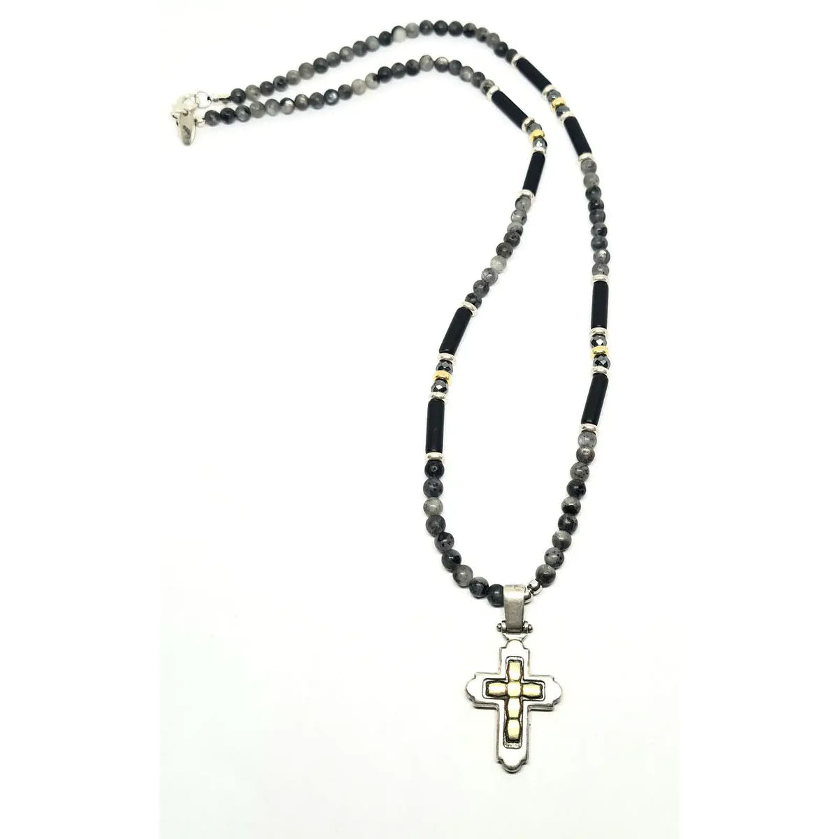 Labradorite & Onyx Rosary Necklace, Cross Pendant | Castello Jewels