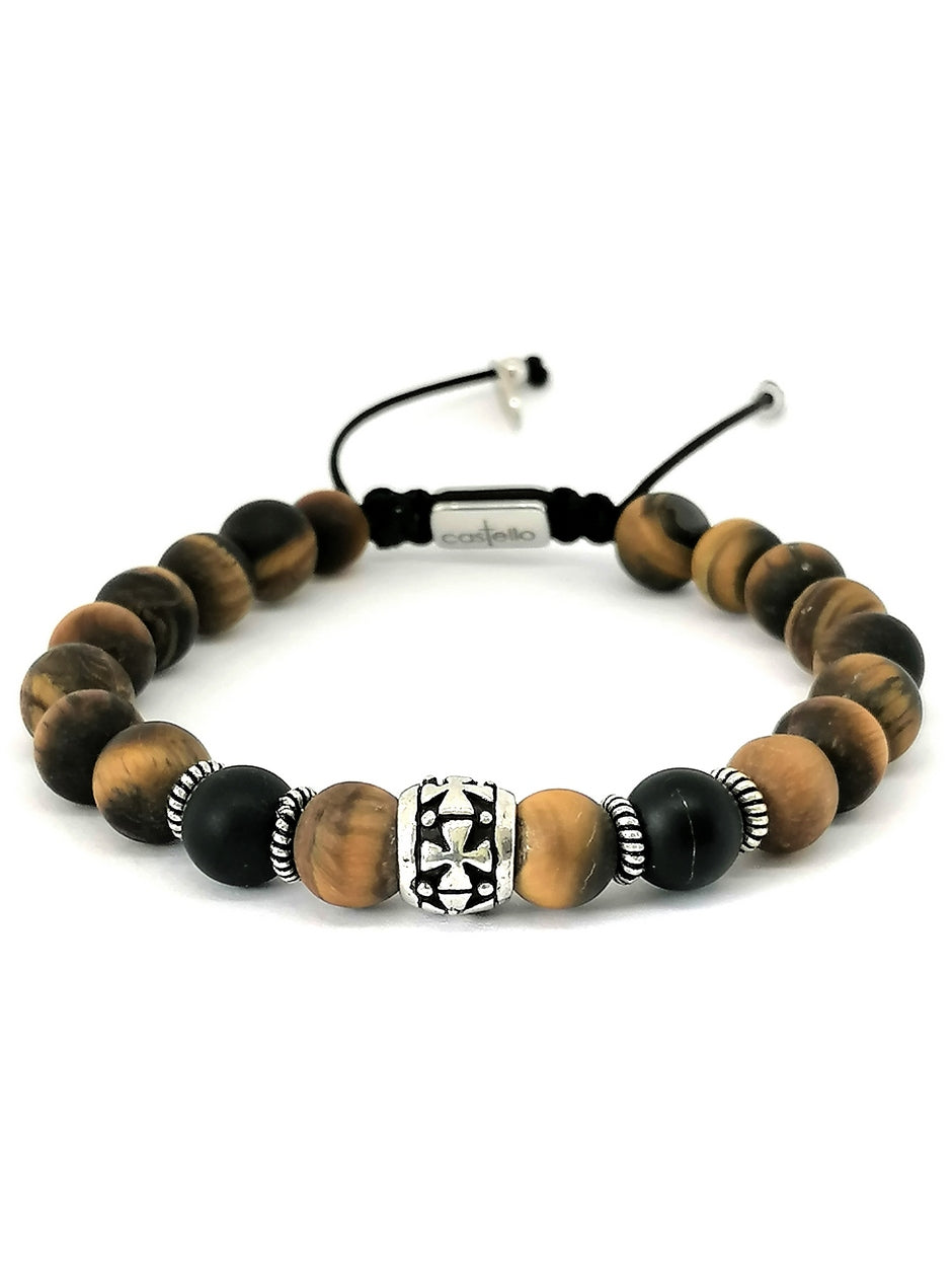 Hand Made Silver Bracelet Knights, Tiger Eye, Onyx Mat stone 8mm | Castello Jewels