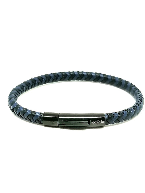 Blue-Black Braided Leather Bracelet, Stainless Steel Clasp — view 2 | Castello Jewels