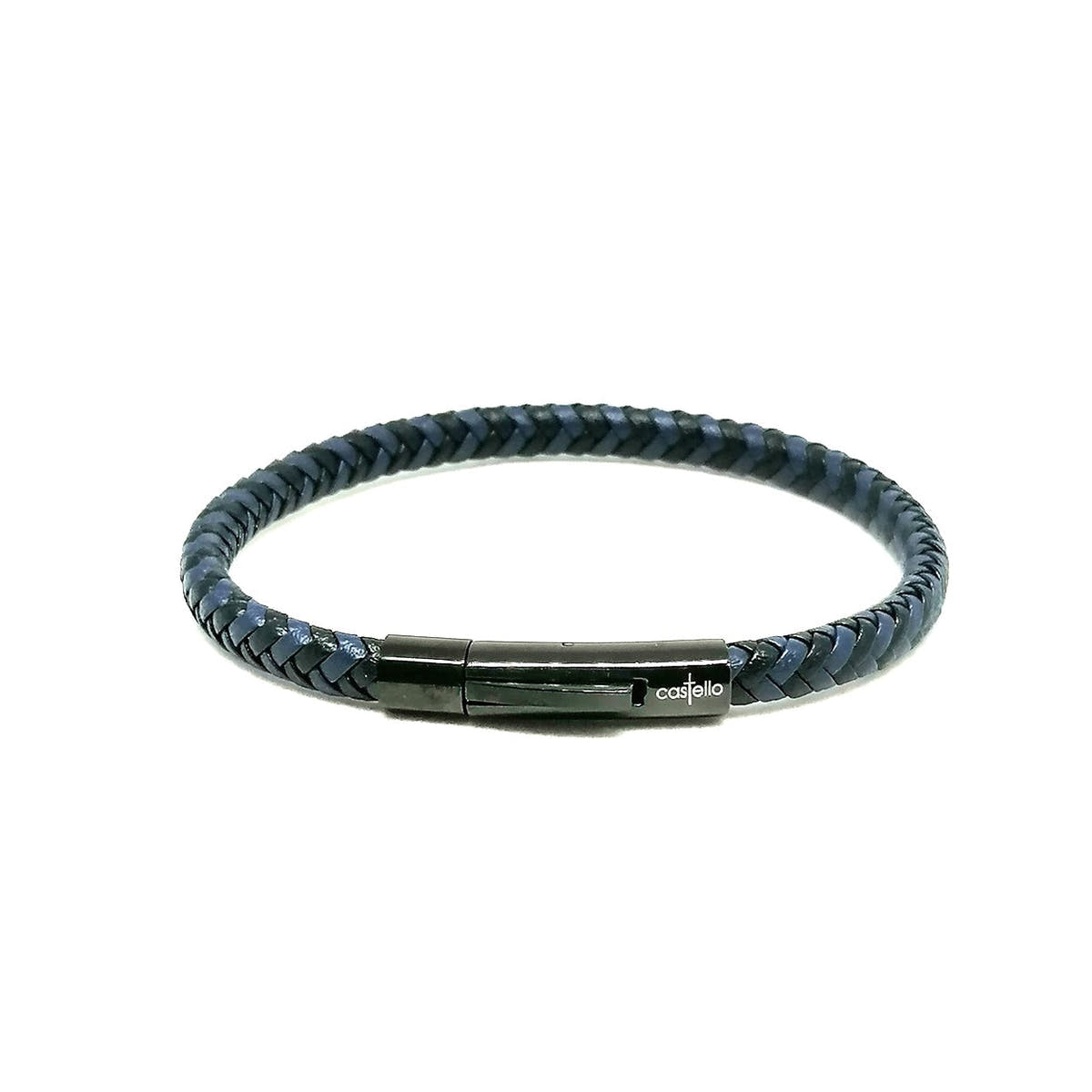 Blue-Black Braided Leather Bracelet, Stainless Steel Clasp — view 2 | Castello Jewels