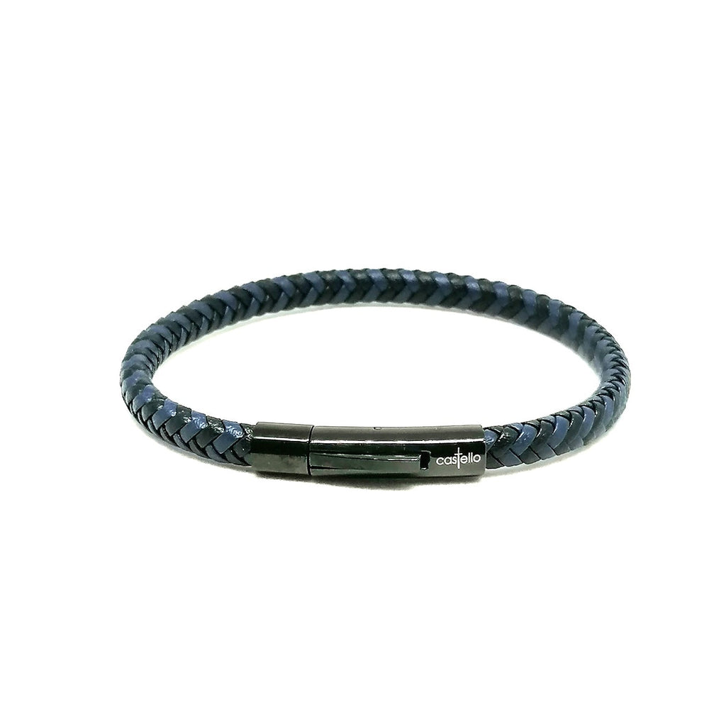 Blue-Black Braided Leather Bracelet, Stainless Steel Clasp — view 2 | Castello Jewels