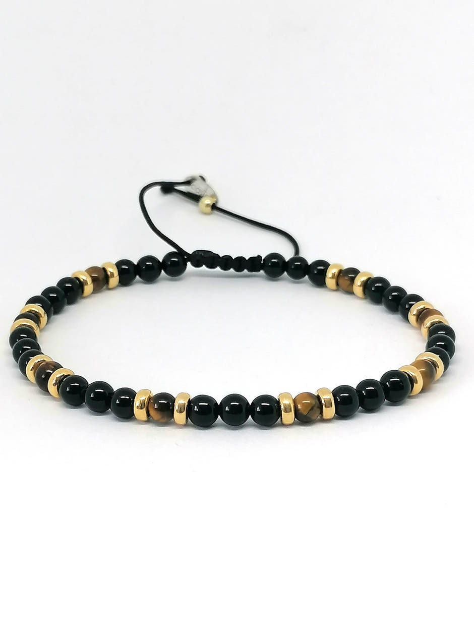 Classic Gold-Plated Onyx & Tiger's Eye Beaded Bracelet, Timeless, 4mm, view 2 | Castello Jewels