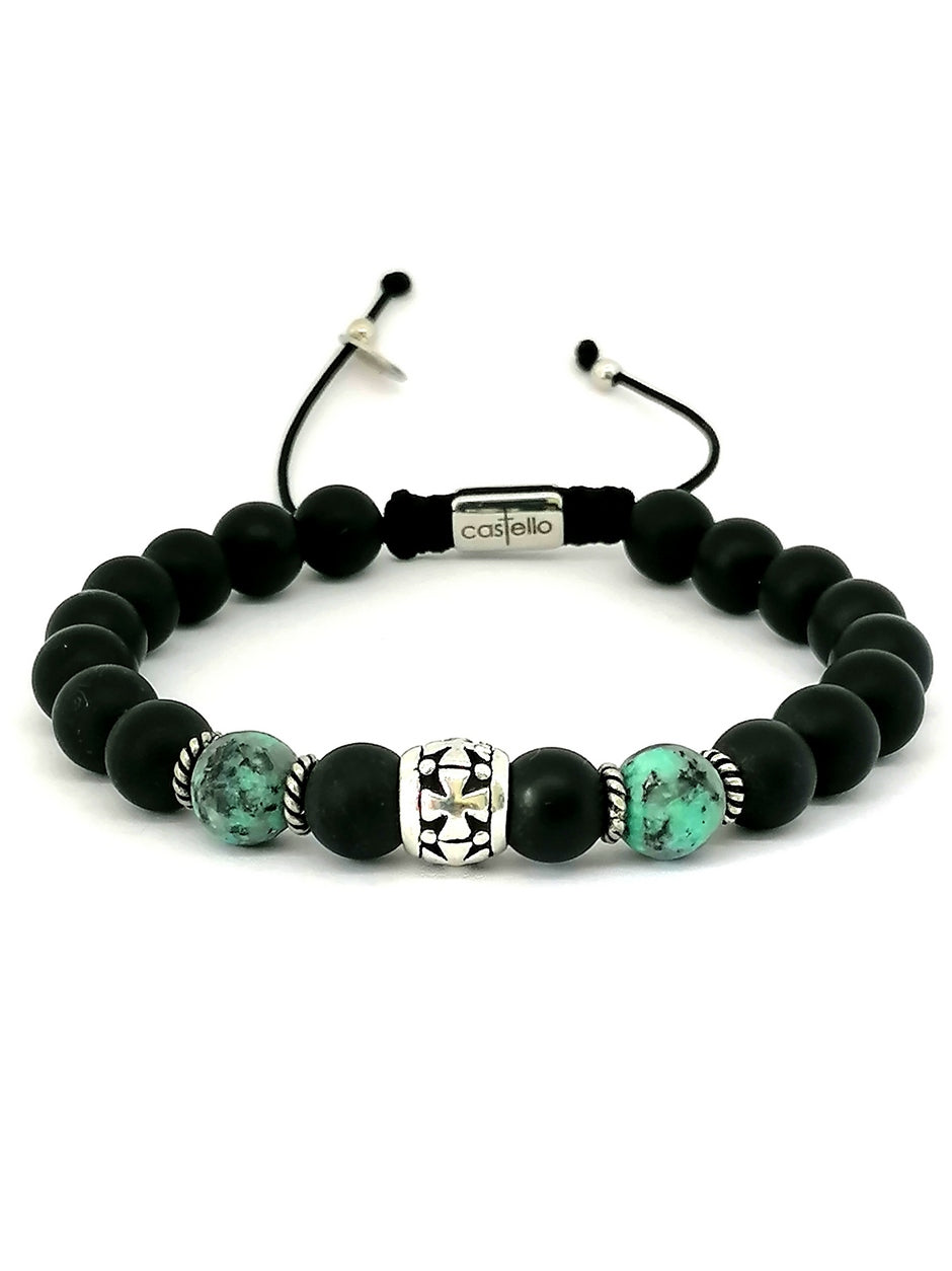 Hand Made Silver Bracelet Knights, Onyx mat, African Turquoise stone 8mm — view 3 | Castello Jewels