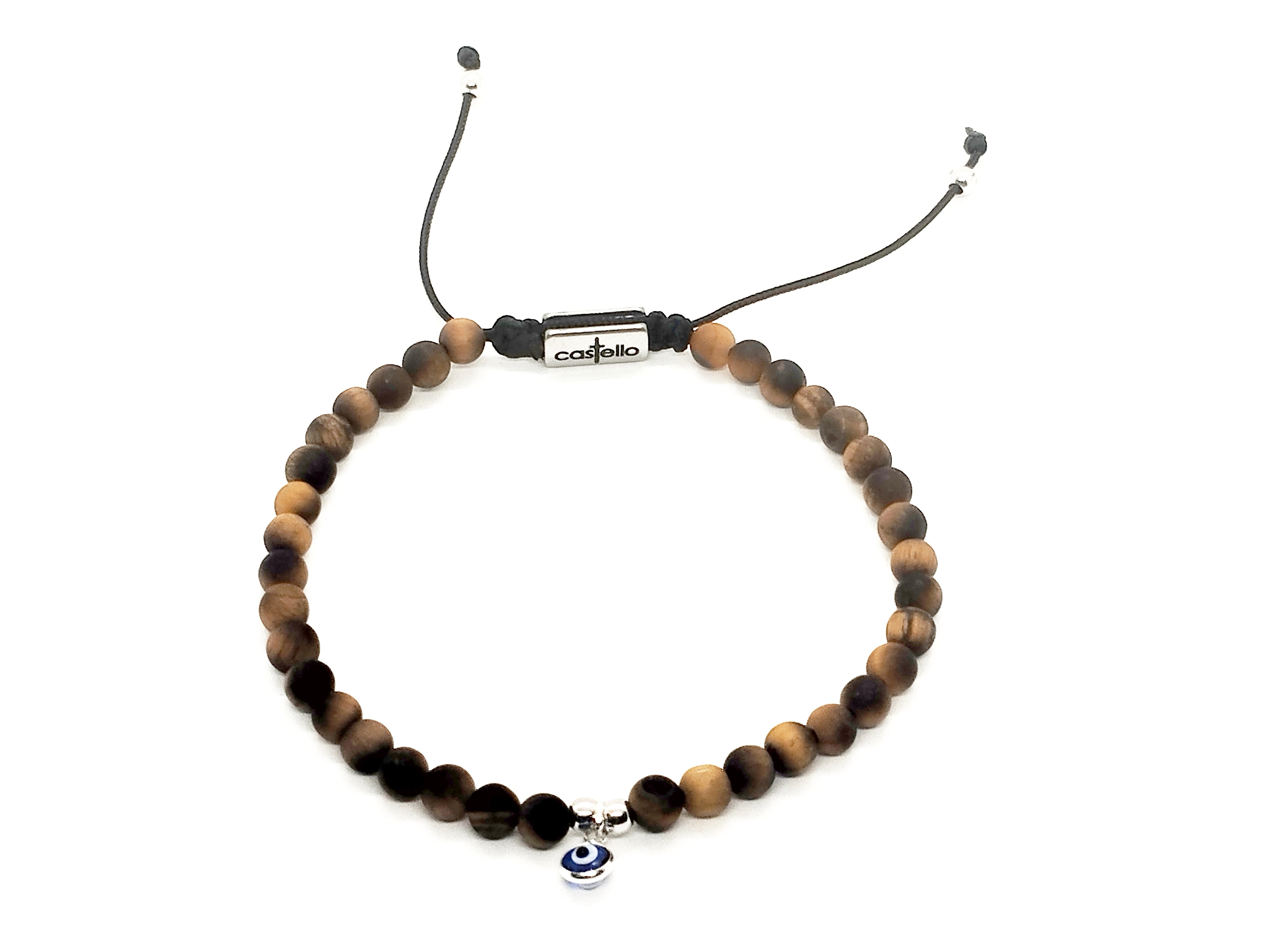 Hand Made Bracelet Evil Eye 925, Tiger Eye stone 4mm | Castello Jewels