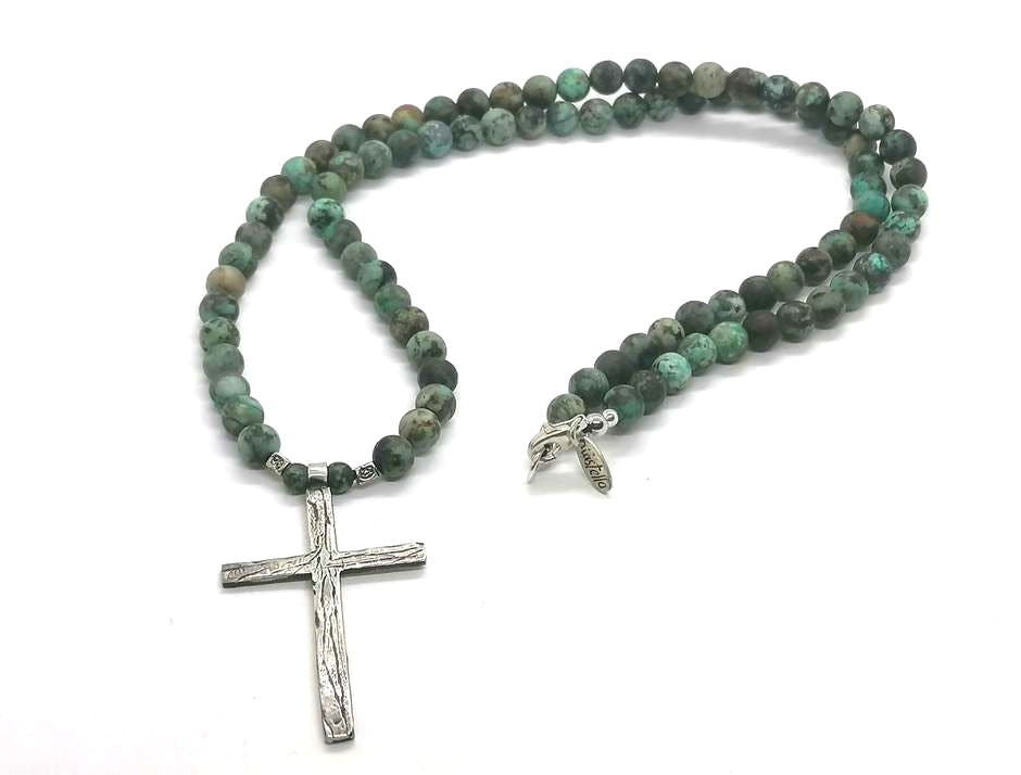 African Turquoise Statement Necklace, Large Cross, 6mm | Castello Jewels