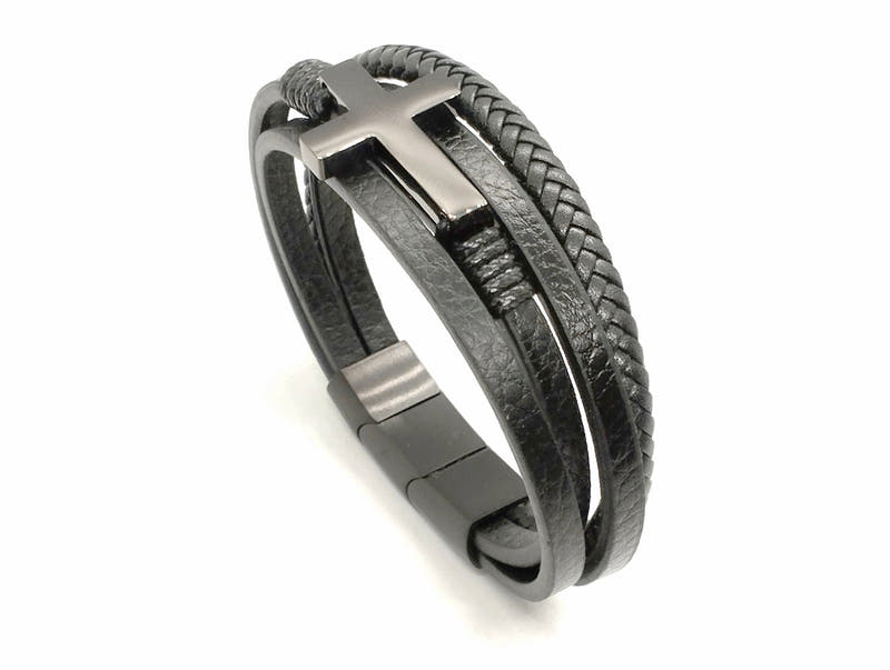 Black Braided Leather Men's Bracelet, Cross Charm