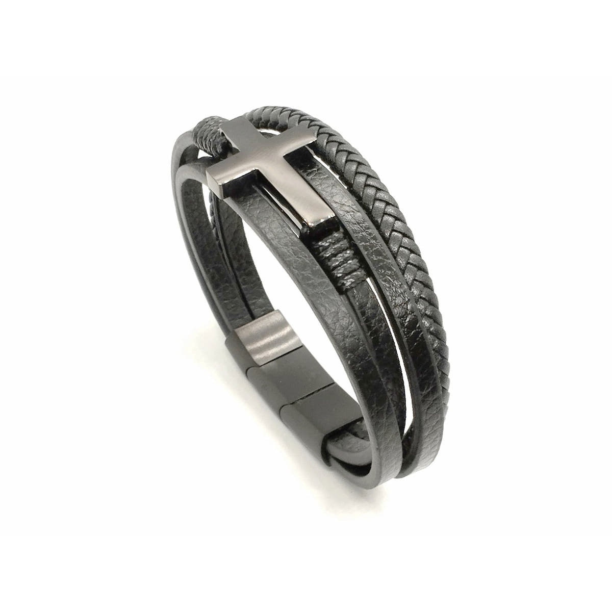 Black Braided Leather Men's Bracelet, Cross Charm | Castello Jewels