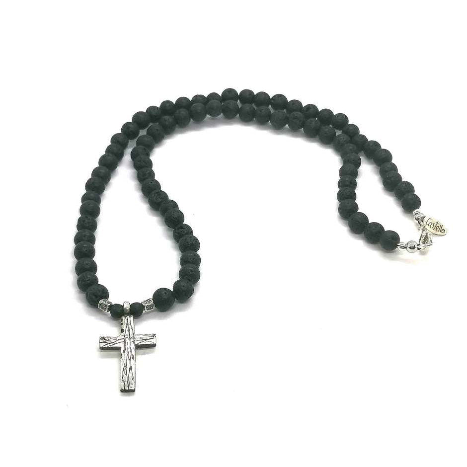 Lava Stone Cross Necklace, Sterling Silver, 6mm | Castello Jewels