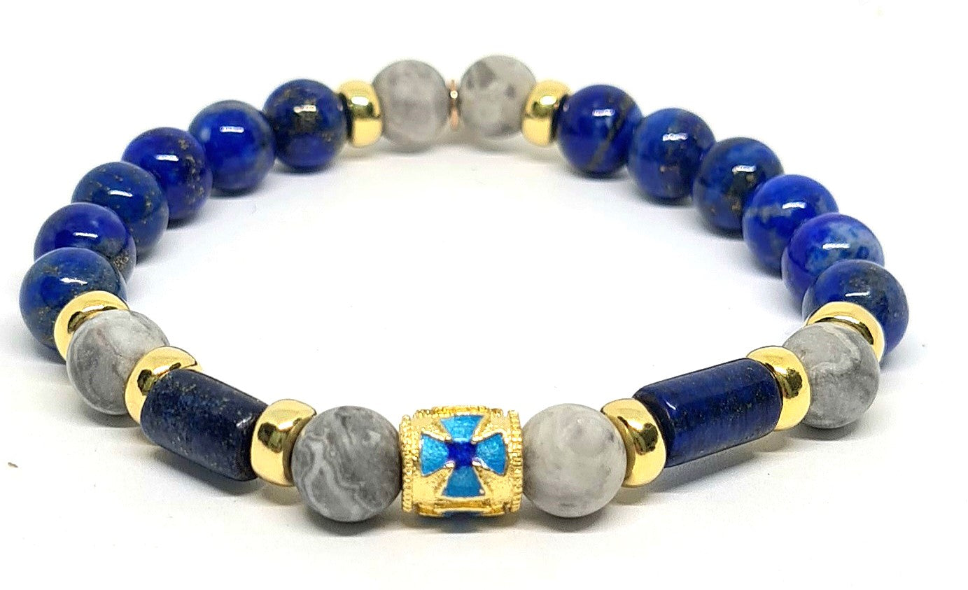 Aegean gold-plated matte Picasso jasper and lapis lazuli cross bracelet, 8mm, handmade sterling silver, Rhodes Greece
