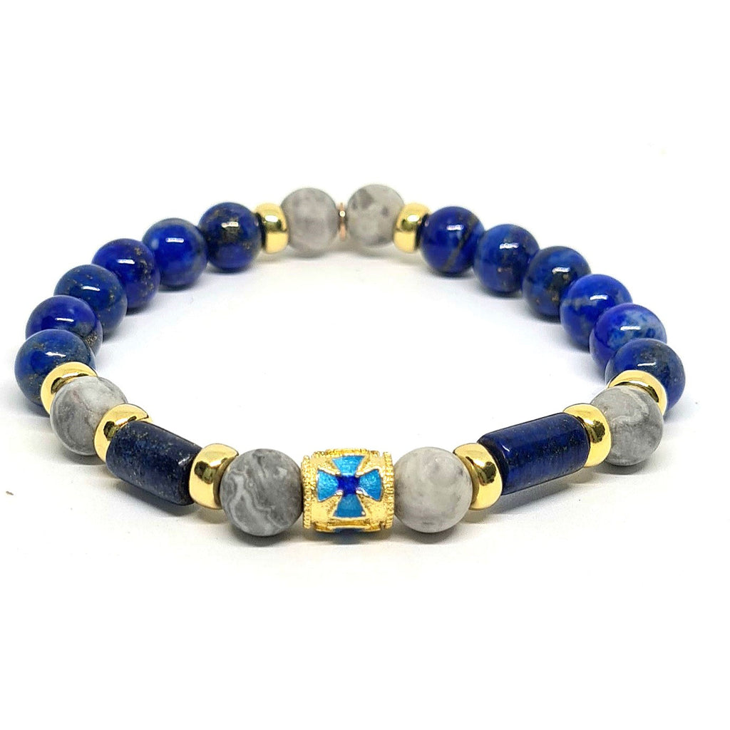 Aegean Gold-Plated Matte Picasso Jasper & Lapis Cross Bracelet, 8mm | Castello Jewels