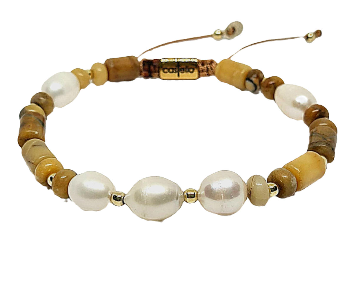Gold-Plated Tube Bead & Pearl Bracelet, Sterling Silver, 8mm | Castello Jewels