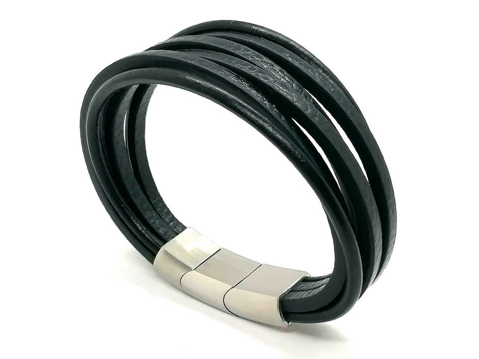 Black Multilayer Leather Bracelet, Stainless Steel DoubleClasp — view 2 | Castello Jewels