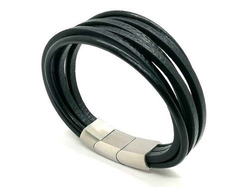 Black Multilayer Leather Bracelet, Stainless Steel DoubleClasp — view 2 | Castello Jewels