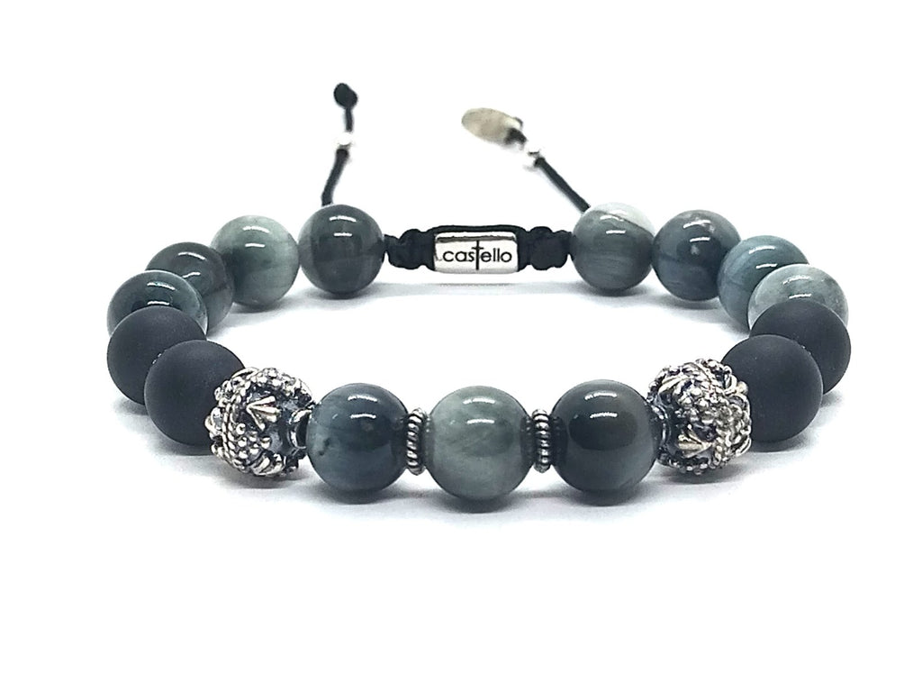 Hand Made Silver Bracelet MyKing Eagle's Eye Polish, Onyx Polish stone 10mm | Castello Jewels