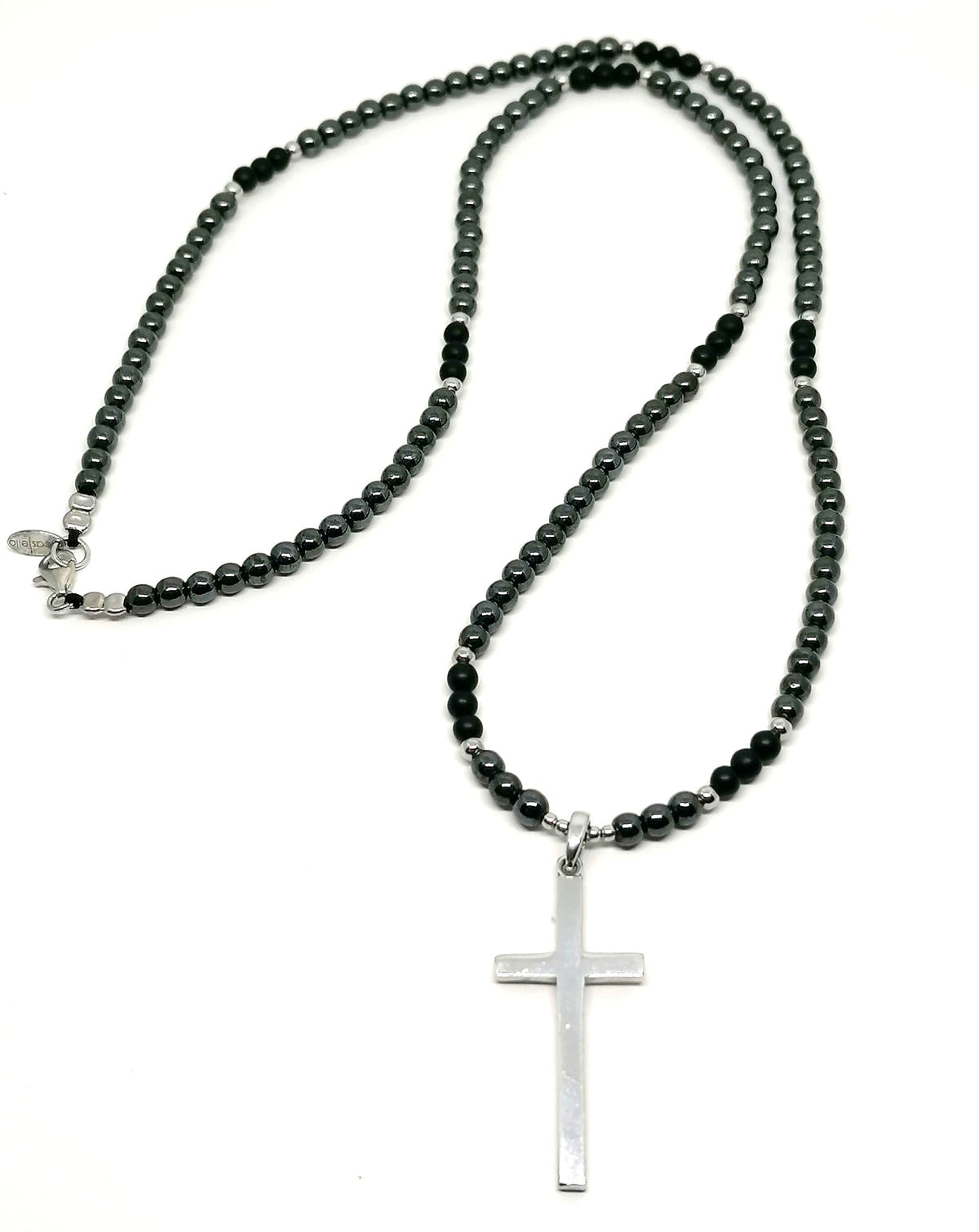 Hematite & Onyx Cross Necklace, Men's, 4mm | Castello Jewels