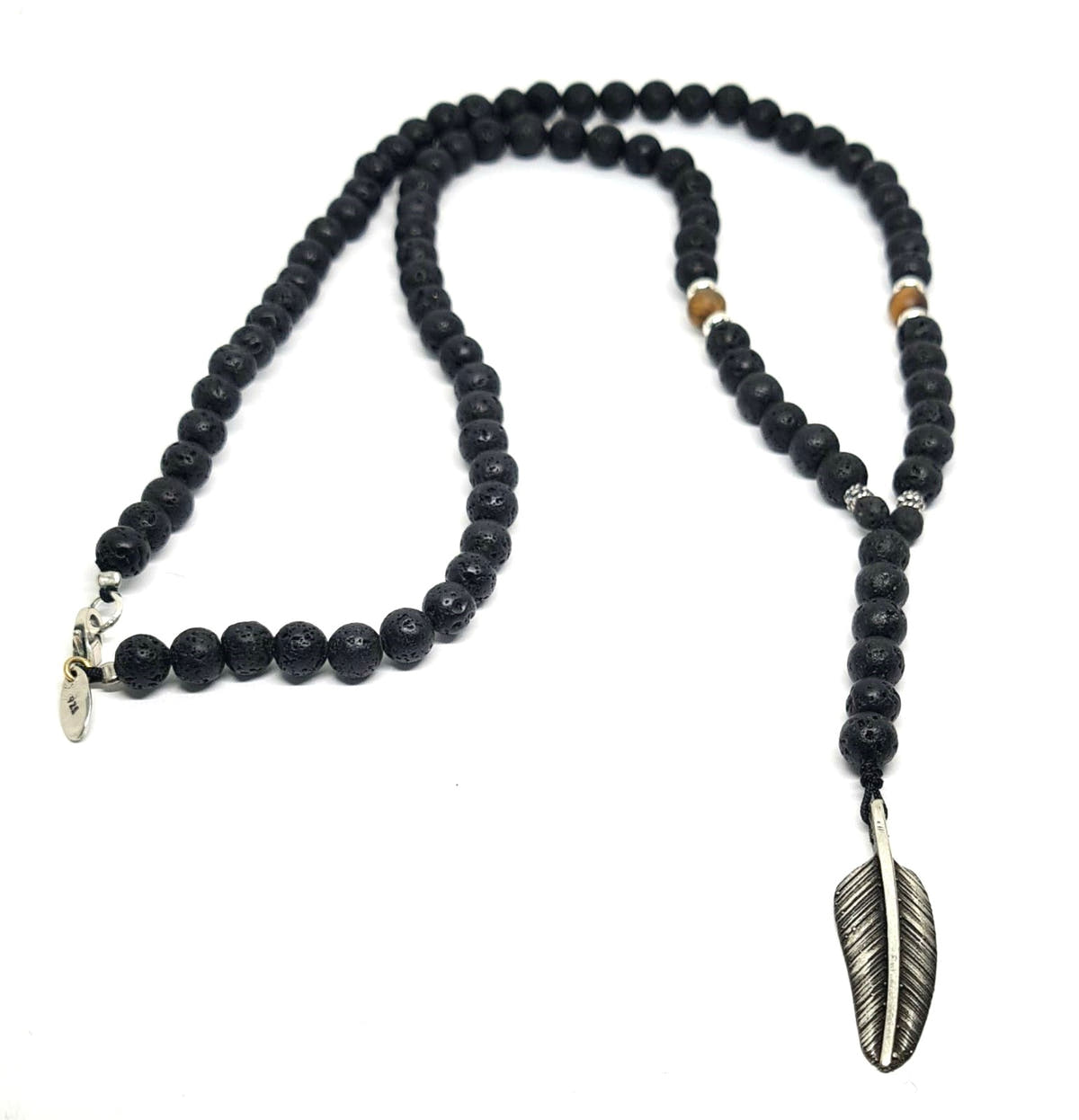 Lava Stone Rosary Necklace, Feather Pendant, 6mm | Castello Jewels