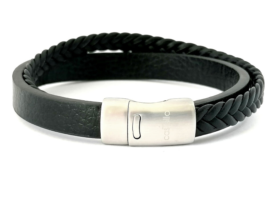 Black Multilayer Braided Leather Bracelet, Stainless Steel Clasp — view 3 | Castello Jewels