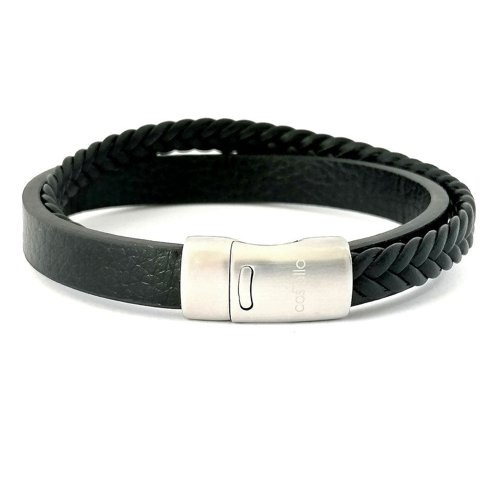 Black Multilayer Braided Leather Bracelet, Stainless Steel Clasp — view 3 | Castello Jewels
