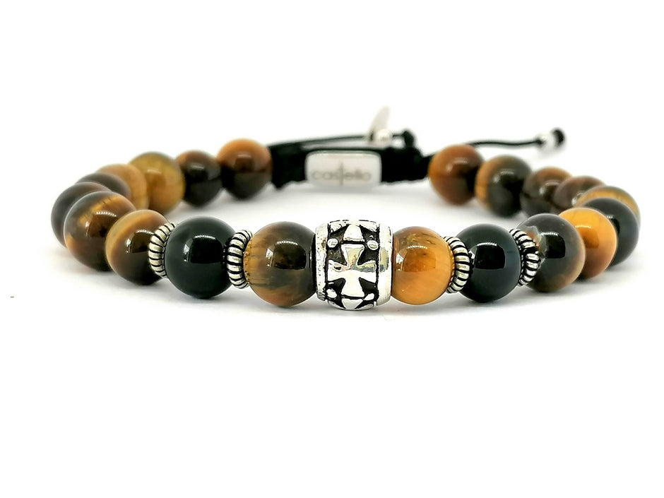 Hand Made Silver Bracelet Knights, Tiger Eye Polish, Onyx Polish stone 8mm | Castello Jewels