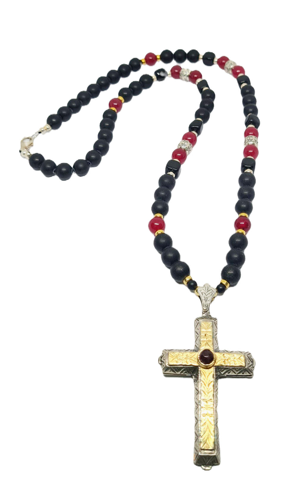 Onyx & Agate Ruby Statement Cross Necklace, 8mm | Castello Jewels