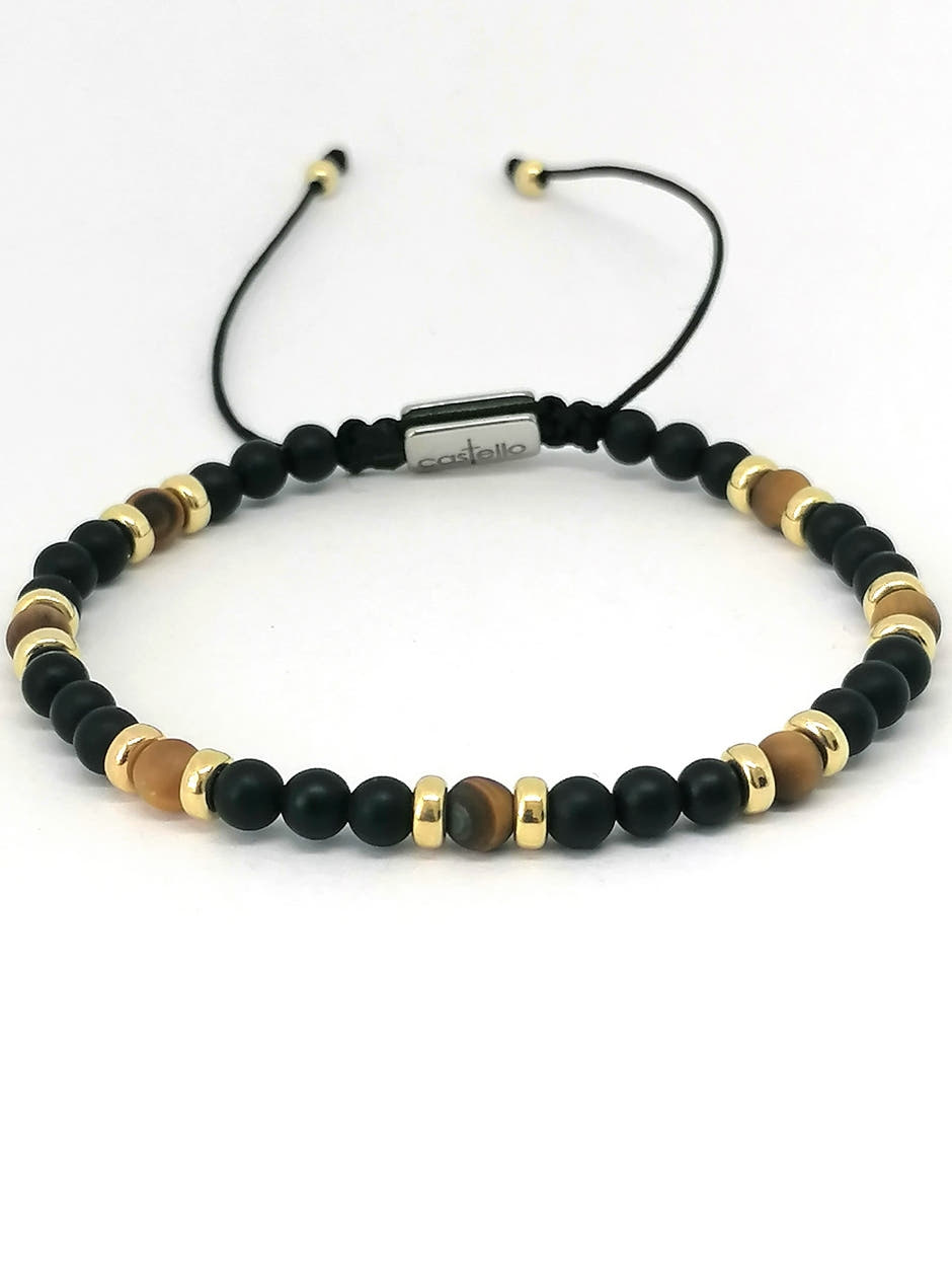 Classic Gold-Plated Matte Onyx & Tiger's Eye Beaded Bracelet, Timeless, 4mm, view 3 | Castello Jewels