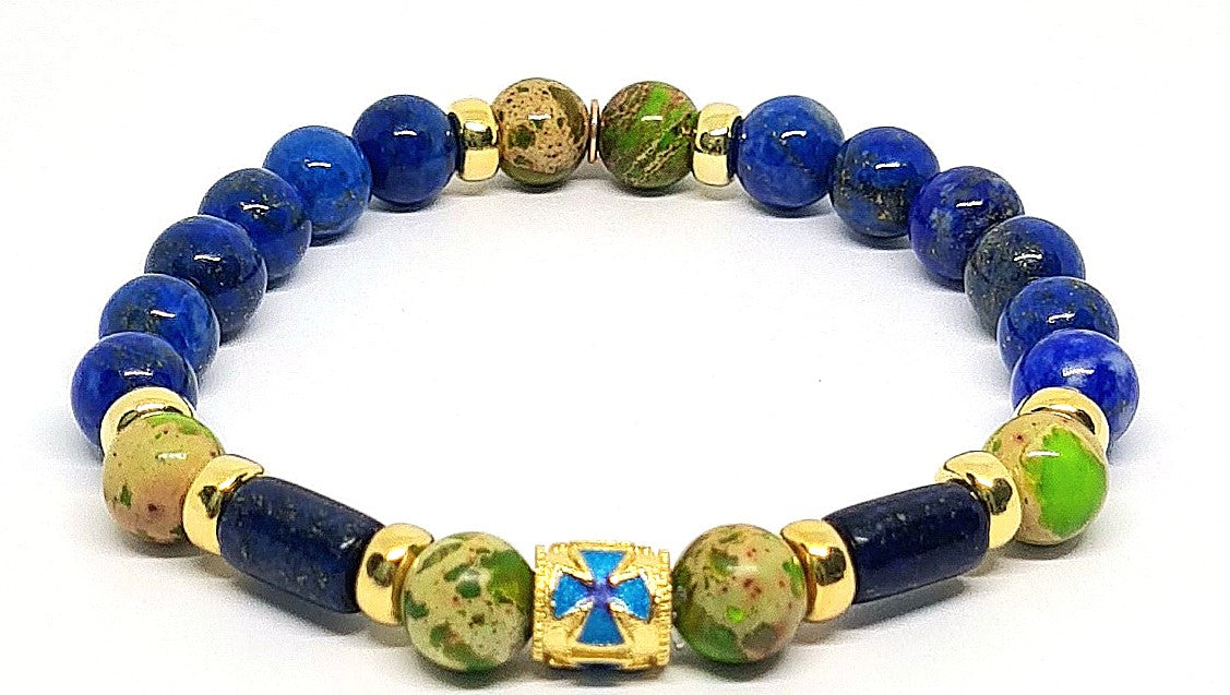 AEGEAN Silver 925 Bracelet, Gold plated, Jasper Green cross lapis stone 8mm — view 3 | Castello Jewels