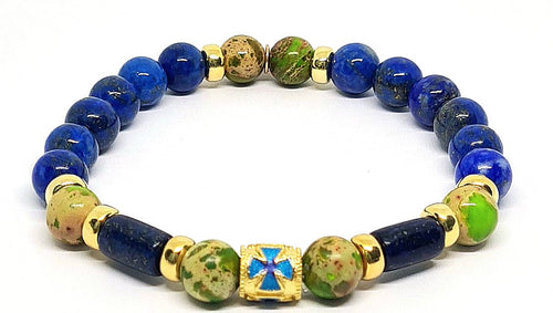 AEGEAN Silver 925 Bracelet, Gold plated, Jasper Green cross lapis stone 8mm — view 3 | Castello Jewels