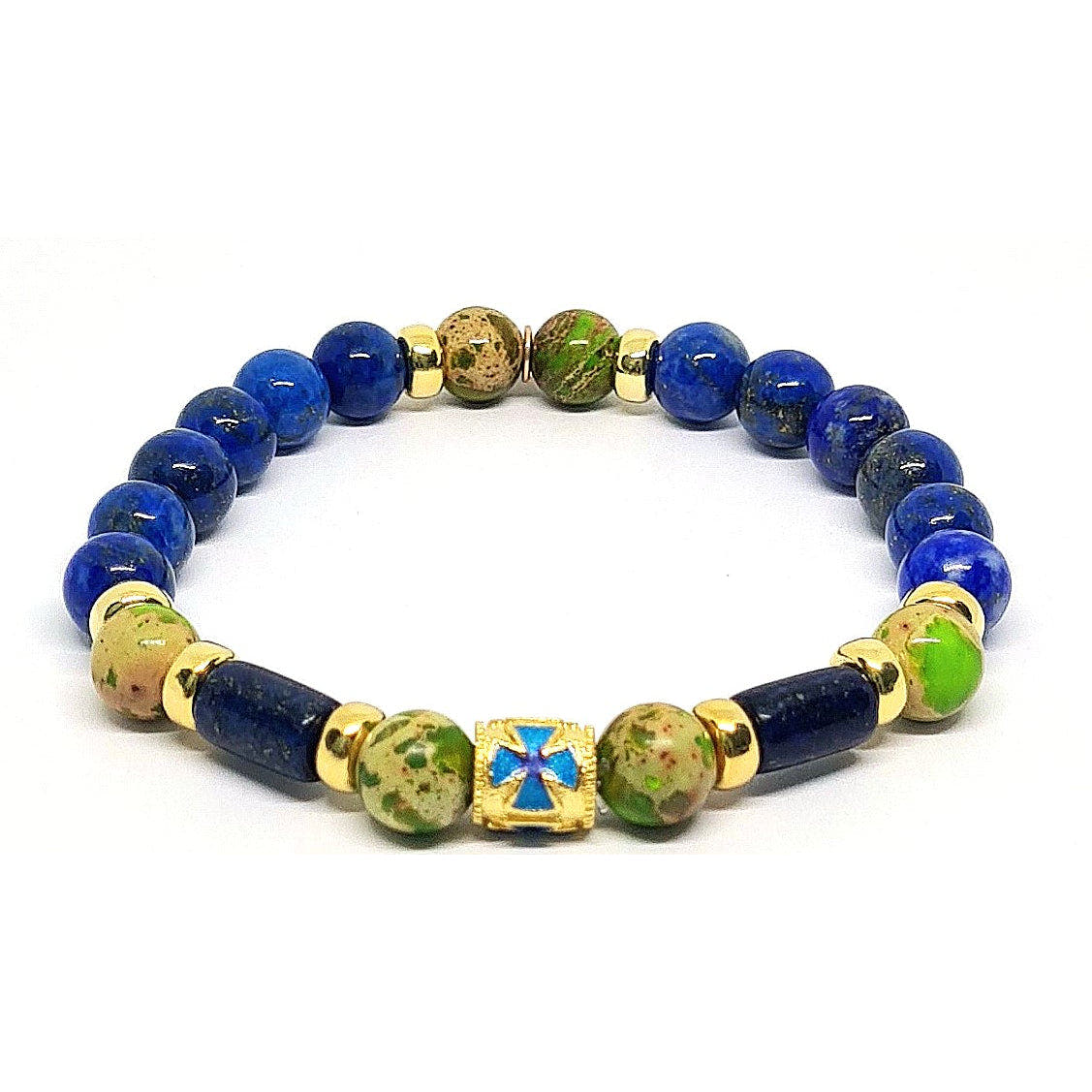 Aegean Gold-Plated Green Jasper & Lapis Cross Bracelet, 8mm, view 2 | Castello Jewels