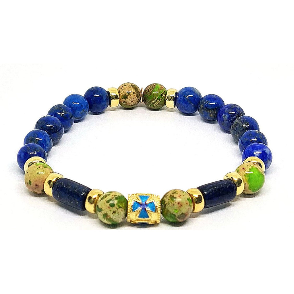 Aegean Gold-Plated Green Jasper & Lapis Cross Bracelet, 8mm, view 2 | Castello Jewels