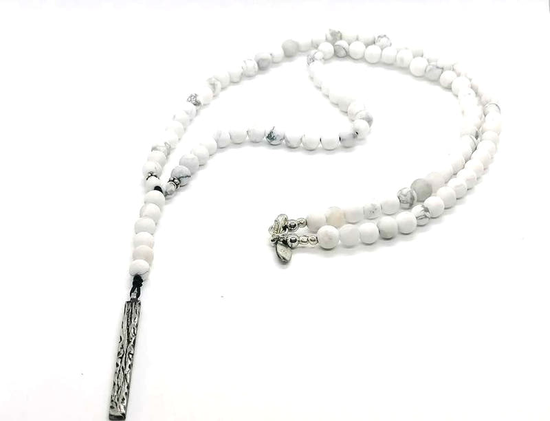 Howlite Rosary Necklace, Bar Pendant, Black Cord · 6mm