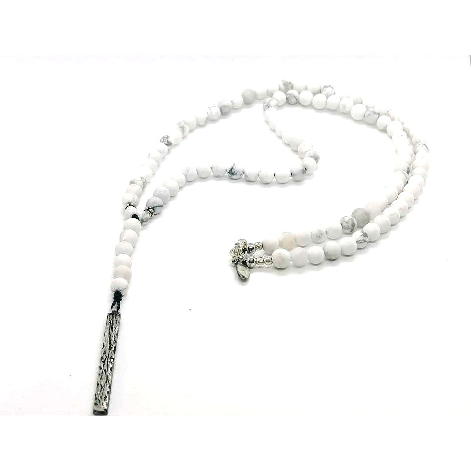Howlite Rosary Necklace, Bar Pendant, Black Cord, 6mm | Castello Jewels