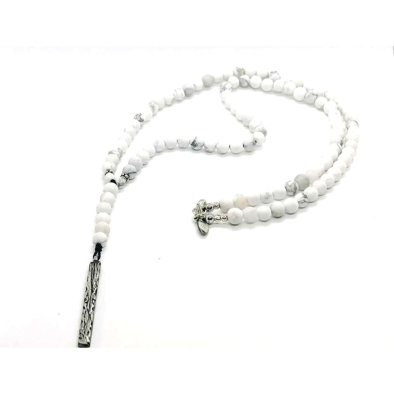 Howlite Rosary Necklace, Bar Pendant, Black Cord · 6mm