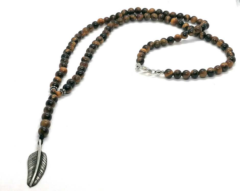 Tiger's Eye Rosary Necklace, Feather Pendant, Polished, 6mm | Castello Jewels
