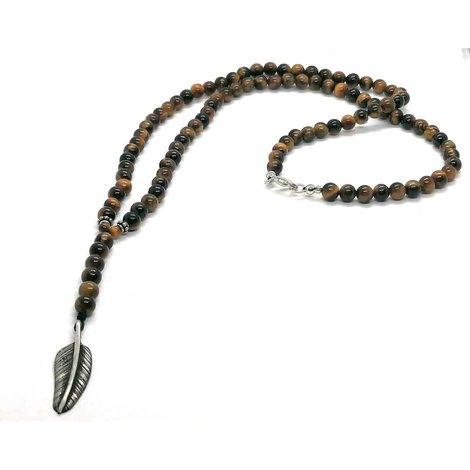 Tiger's Eye Rosary Necklace, Feather Pendant, Polished, 6mm | Castello Jewels