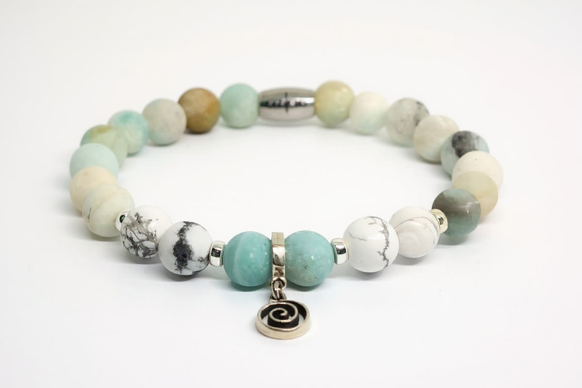Greek Spiral Charm Bracelet, Amazonite & Howlite, 8mm, view 2 | Castello Jewels