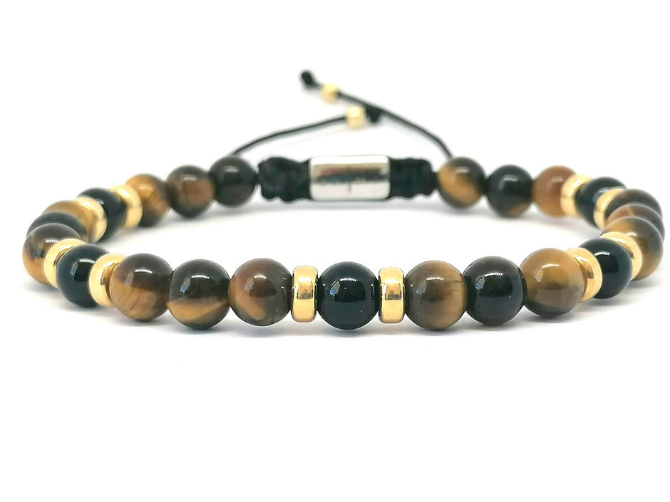 Silver 925 Gold Plated Bracelet Classic, Tiger Eye Polish, Onyx stone 6mm | Castello Jewels