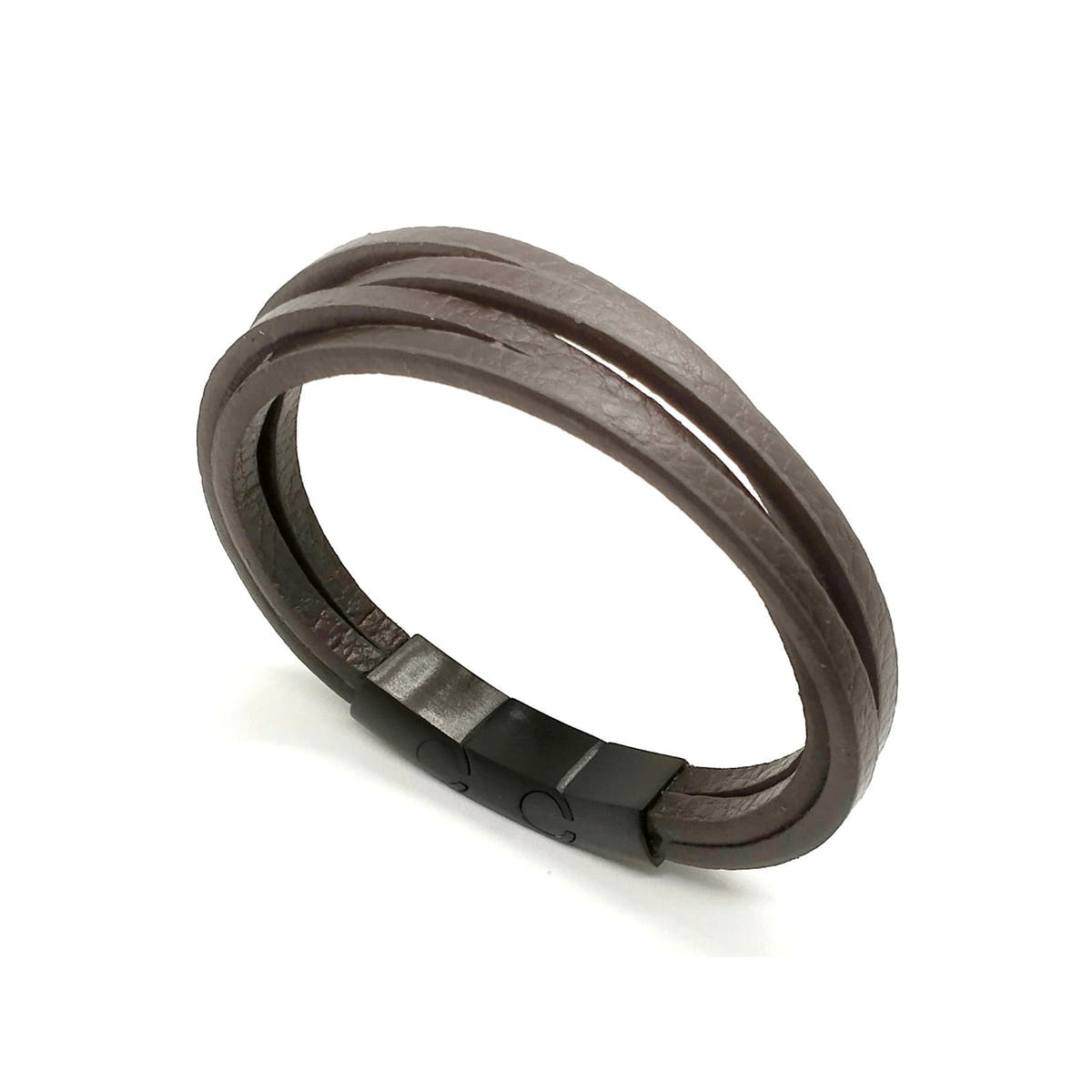 Brown Leather Men's Bracelet, Stainless Steel Double Clasp | Castello Jewels