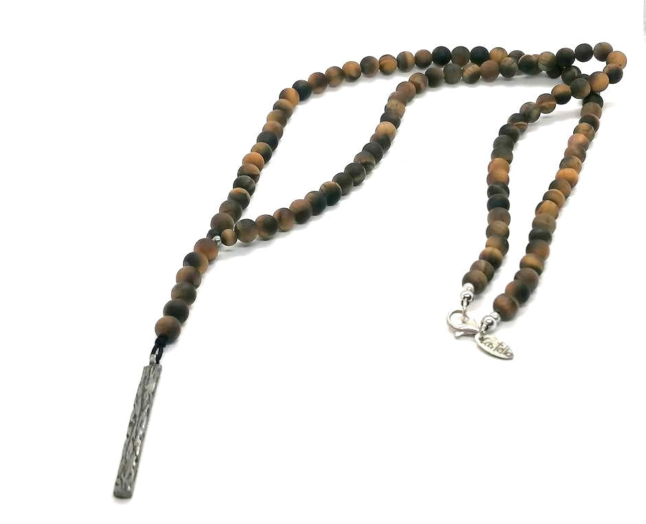 Tiger's Eye Rosary Necklace, Bar Pendant, Matte, 6mm | Castello Jewels