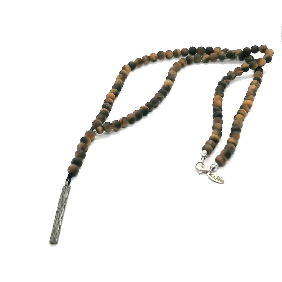 Tiger's Eye Rosary Necklace, Bar Pendant, Matte, 6mm | Castello Jewels