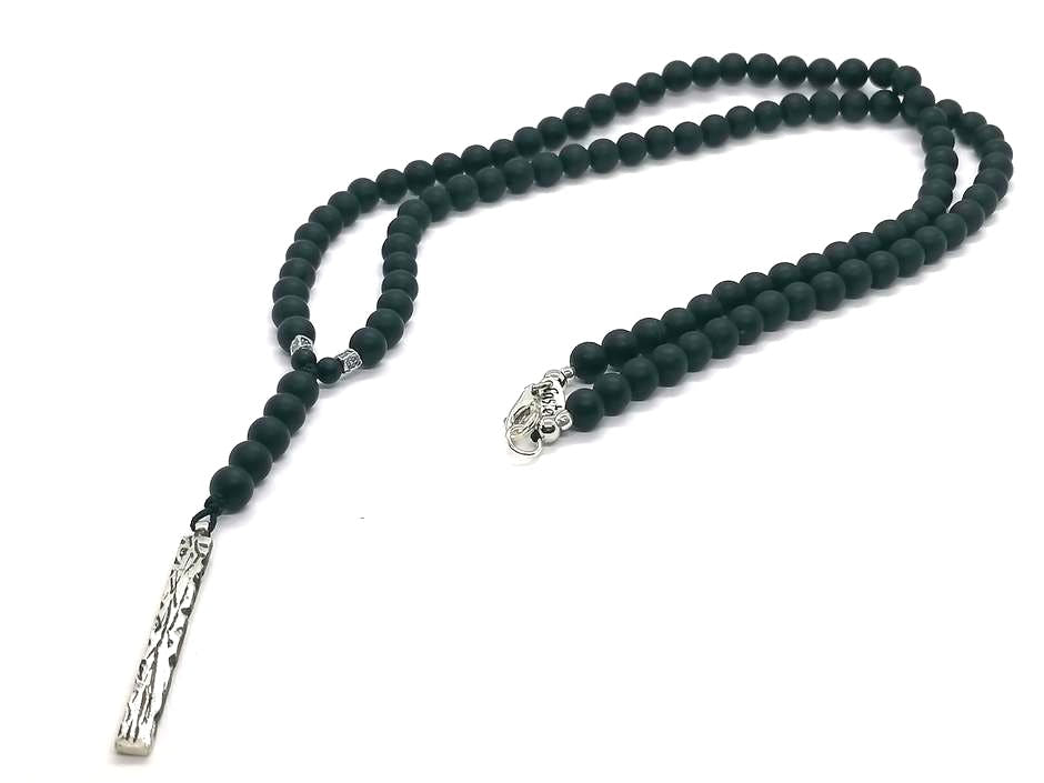 Onyx Rosary Necklace, Bar Pendant, Matte, 6mm | Castello Jewels