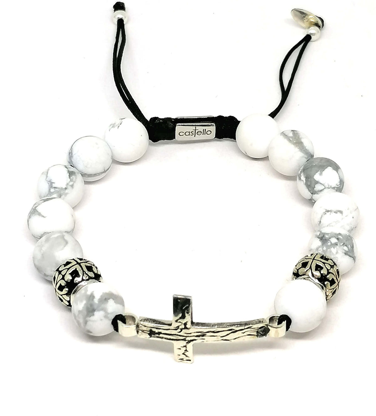 Howlite Cross Bracelet, Sterling Silver, 10mm, view 4 | Castello Jewels