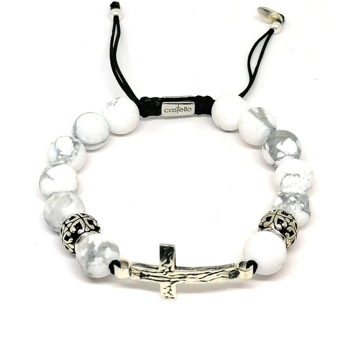 Howlite Cross Bracelet, Sterling Silver, 10mm, view 4 | Castello Jewels