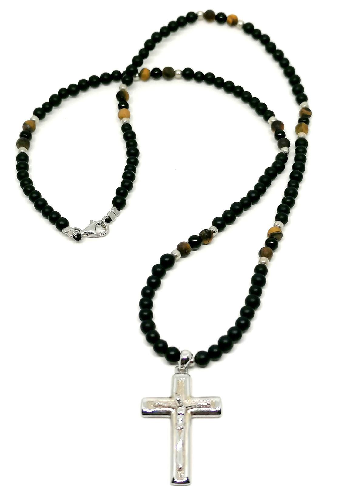 Onyx & Tiger's Eye Cross Necklace, Men's, 4mm | Castello Jewels