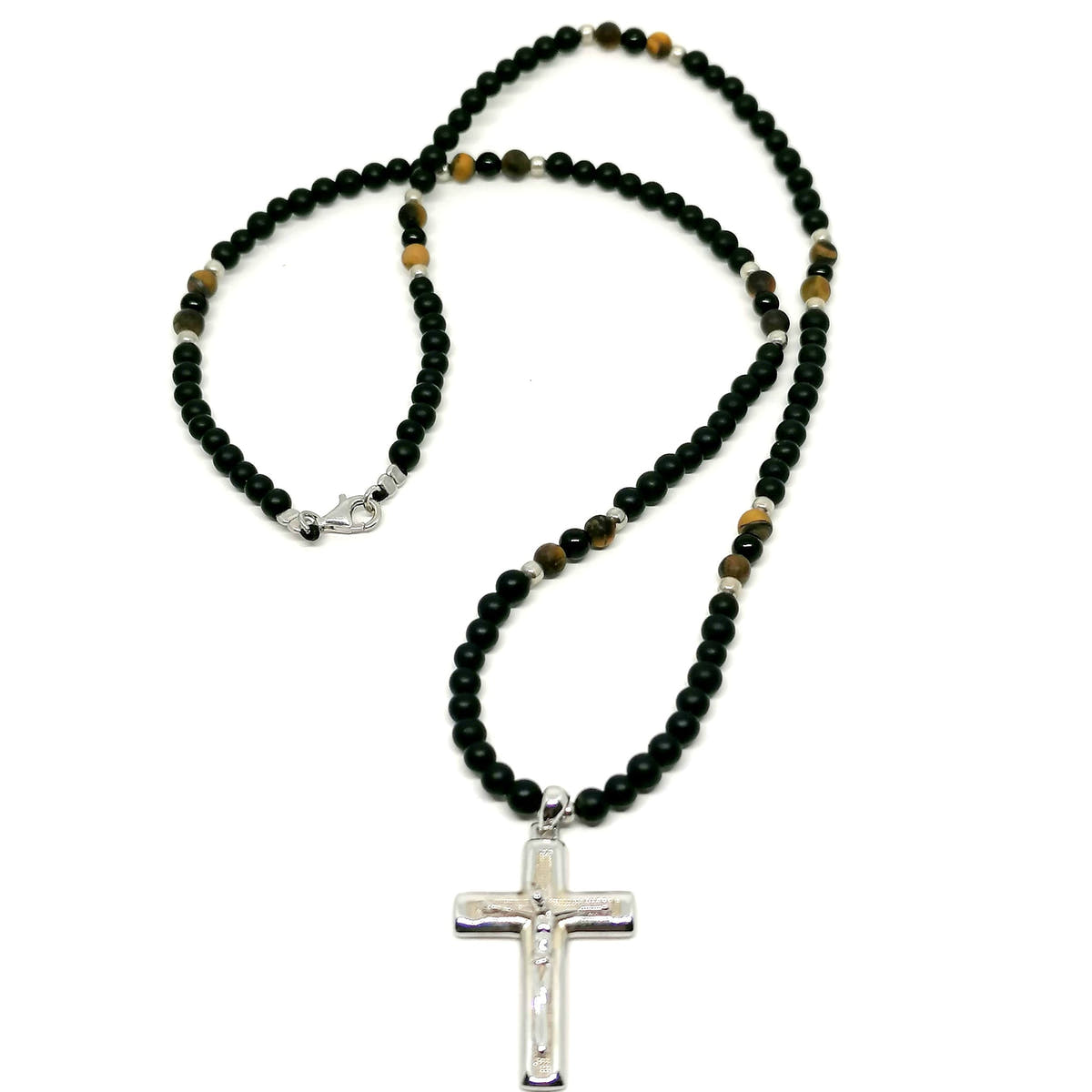 Onyx & Tiger's Eye Cross Necklace, Men's, 4mm | Castello Jewels