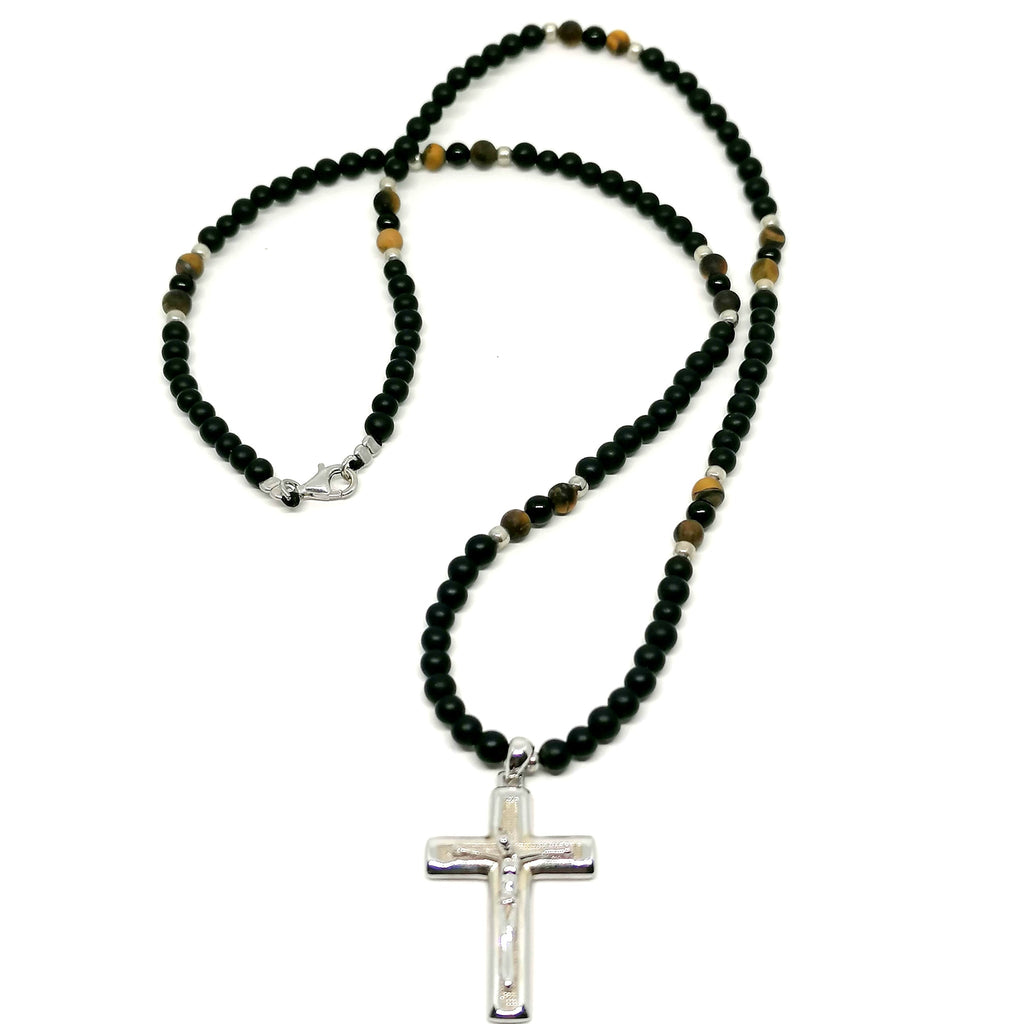 Onyx & Tiger's Eye Cross Necklace, Men's, 4mm | Castello Jewels
