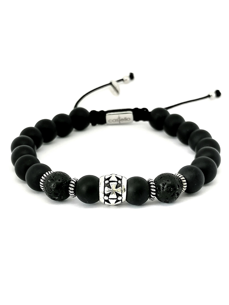 Hand Made Silver Bracelet Knights, Onyx Mat, Lava stone 8mm — view 3 | Castello Jewels