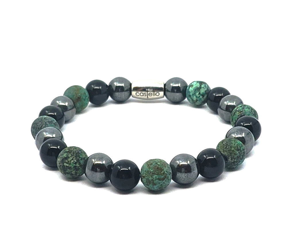 Hand Made Bracelet Onyx Polich, African Turquoise, Hematite stone 8mm — view 2 | Castello Jewels